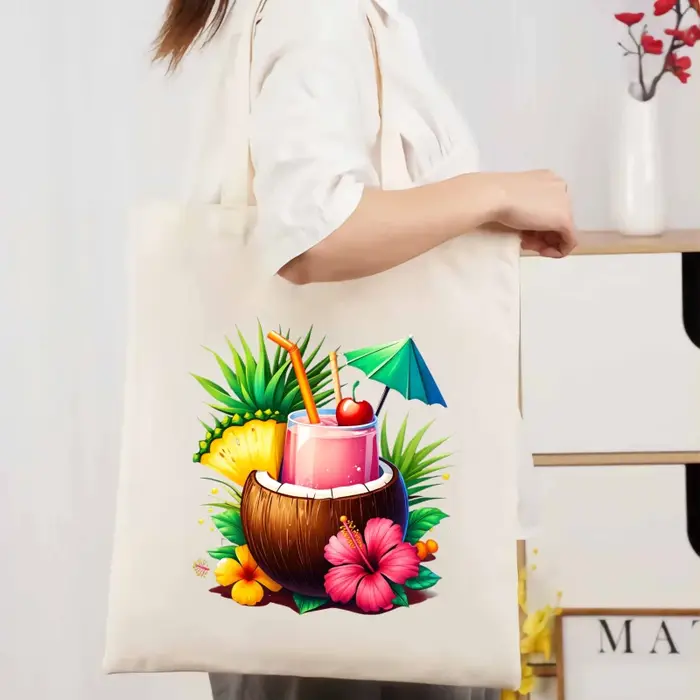 Sac fourre-tout en toile de cocktail tropical crème avec motifs de noix de coco