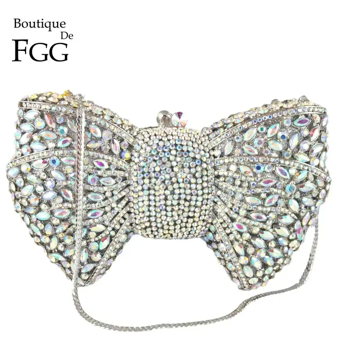Boutique De FGG argent Bow strass pochette pour femmes sac à main De soirée et sac