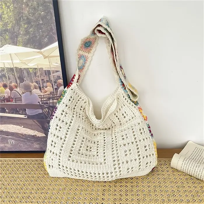 Sac à main bohème en crochet grande capacité pour femme, sac à bandoulière tricoté à motif floral, i