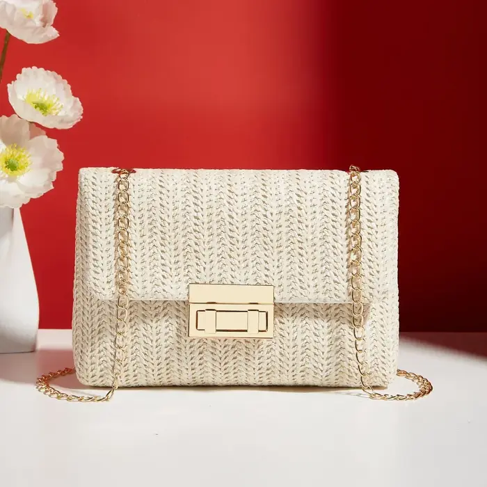 Sac à main en paille rayé multicolore pour femmes