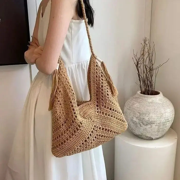 Sac fourre-tout tricoté décontracté pour femme, style été, motif tressé ajouré, grande capacité, sac