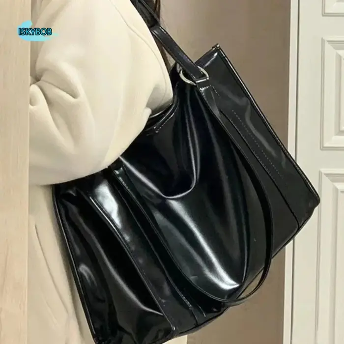 Sac fourre-tout noir en cuir PU pour étudiants et professionnels, sac à bandoulière noir uni, grand sac à main pour le shopping