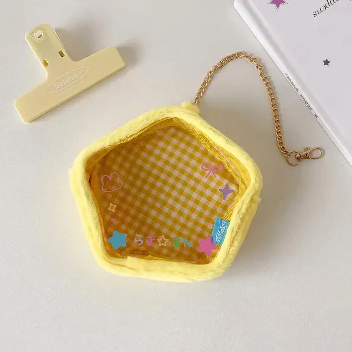 Dessin animé étoile pomme en peluche sac de rangement pendentif mignon porte-monnaie pochette porte-clés portefeuille Transparent clair Mini sac de rangement organisateur