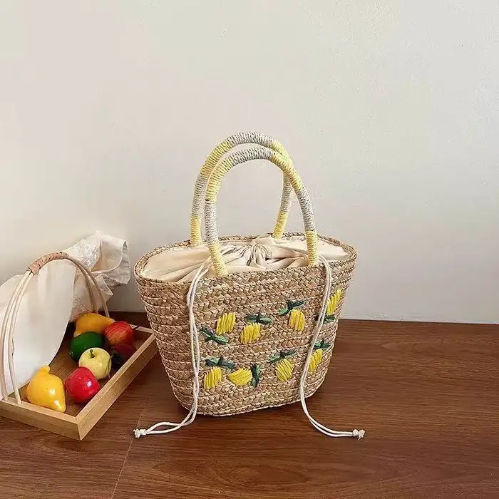 Sac en paille artisanal grande capacité, motif citron brodé, style vacances à la plage, sac fourre-t
