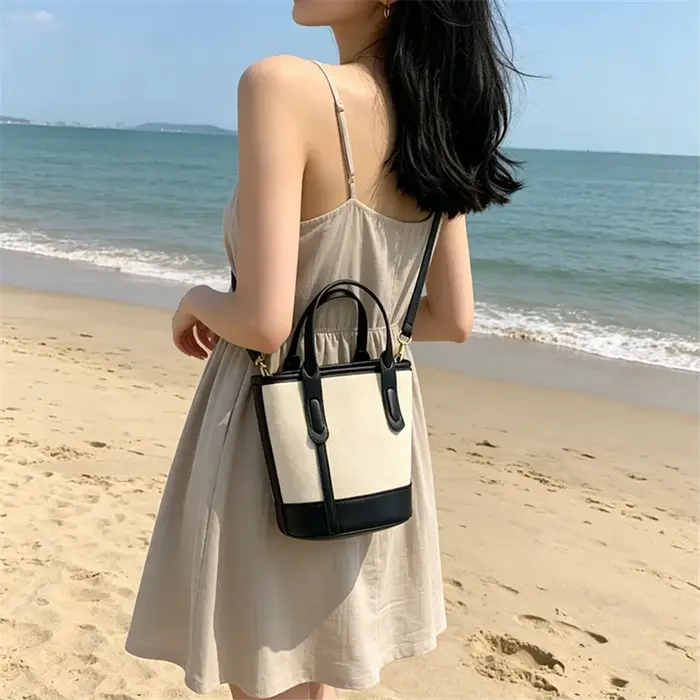 Sac seau vintage en toile et cuir pour femme