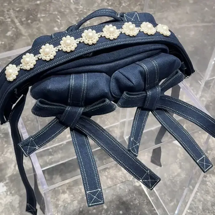 Perle Bow Sac à bandoulière Vintage Denim Sac Femme grande capacité Crossbady Bolsos Mujer japon coréen sacs
