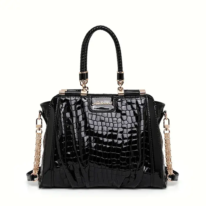 Nouveau sac fourre-tout en cuir verni effet croco brillant pour femme, avec poignée tressée et chaîn