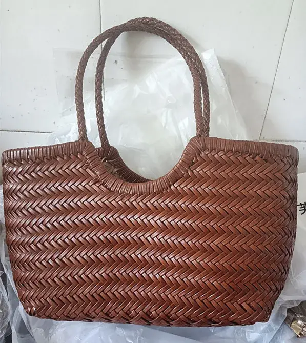 Sac panier à légumes décontracté tissé à la main en cuir véritable avec sac intérieur tissé décontra