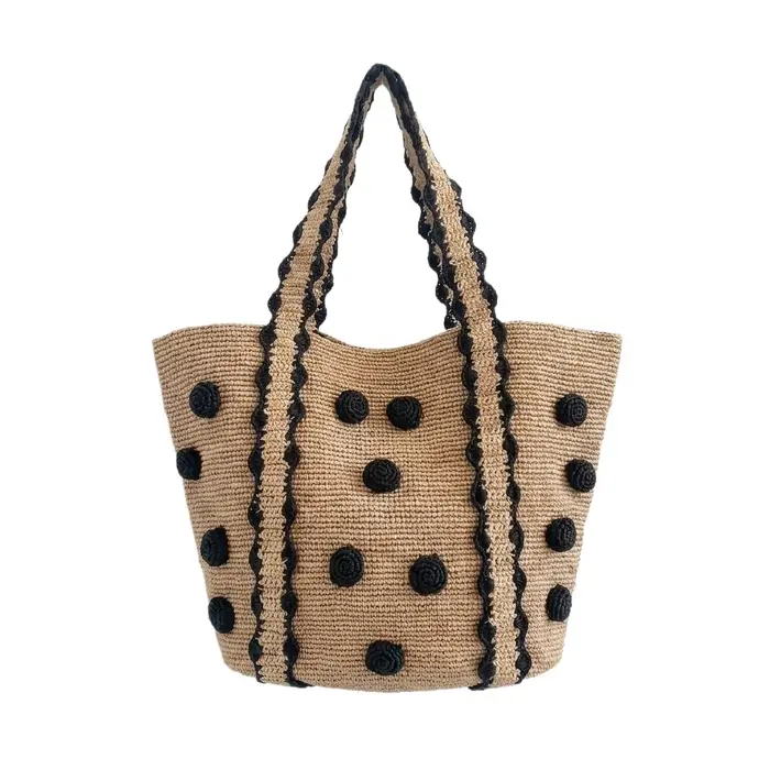 Sac fourre-tout en raphia fait main pour femme, sac à bandoulière à pois, sac de plage d'été, sac de