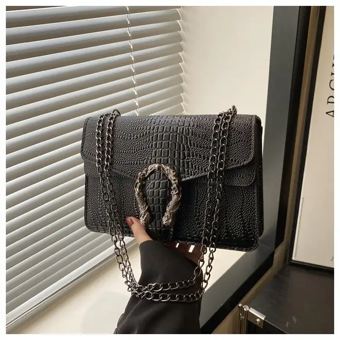 Sac rétro à imprimé serpent, sac carré polyvalent à chaîne, à porter en bandoulière