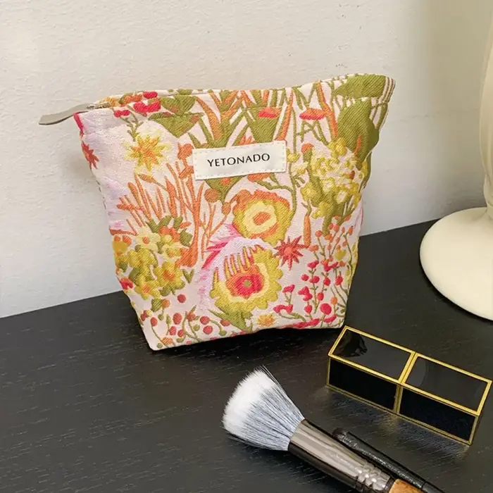 Pochette en toile de polyester à motif floral, fermeture éclair, pochette de rangement pour cosmétiques, grande capacité, portable