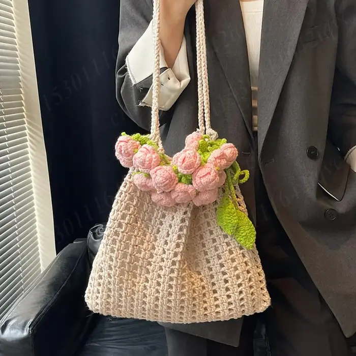 Rose Crochet sac à main 2025 printemps mignon tricoté sac à bandoulière romantique concepteur Floral évidé dames sac