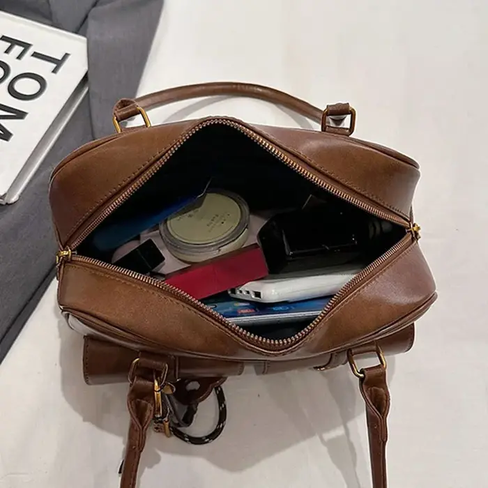Sac à bandoulière rétro en cuir de couleur unie pour femmes