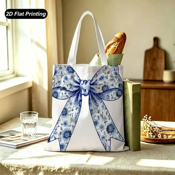 Sac fourre-tout de grande capacité à motifs floraux bleus et blancs avec nœud