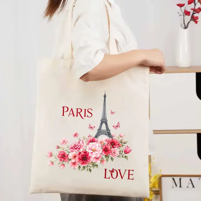 Sac fourre-tout en toile crème Paris Tour Eiffel imprimé amour floral