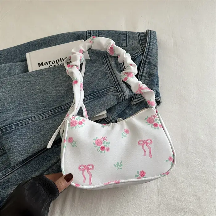 Sac en toile à fleurs douces et douces pour femmes, sac à bandoulière avec cordon de serrage, haute 