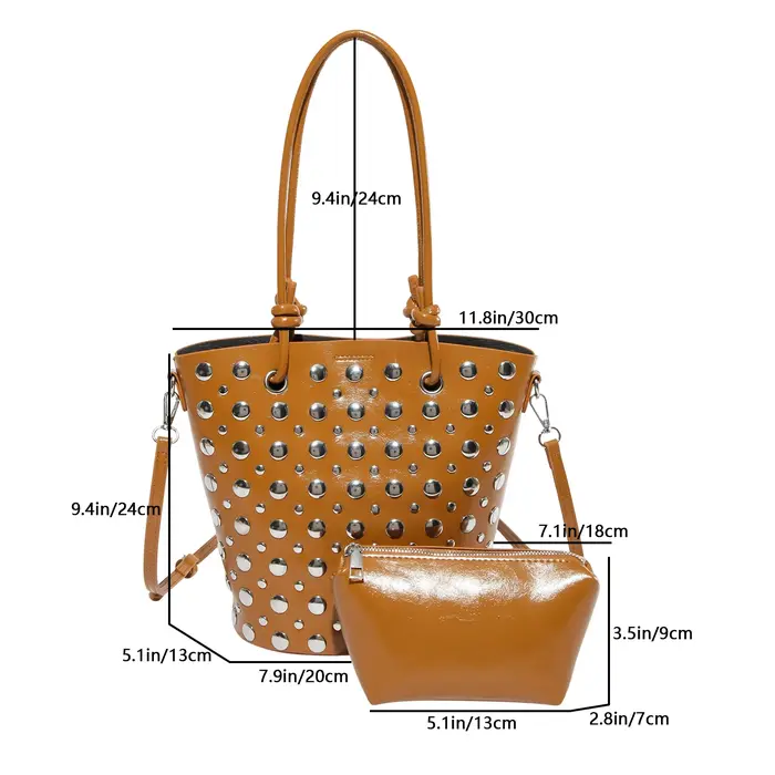 Rivet Design seau sac à bandoulière pour femmes 7 couleurs Pu cuir sac à main sous les bras sac mode décontracté 2 ensemble fourre-tout dame sac de trajet