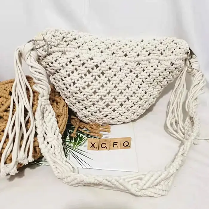 Sac de plage bohème tissé à la main avec pompons, crochet en coton évidé, fourre-tout de voyage, sacs à main de style ethnique, sac sous les bras, été