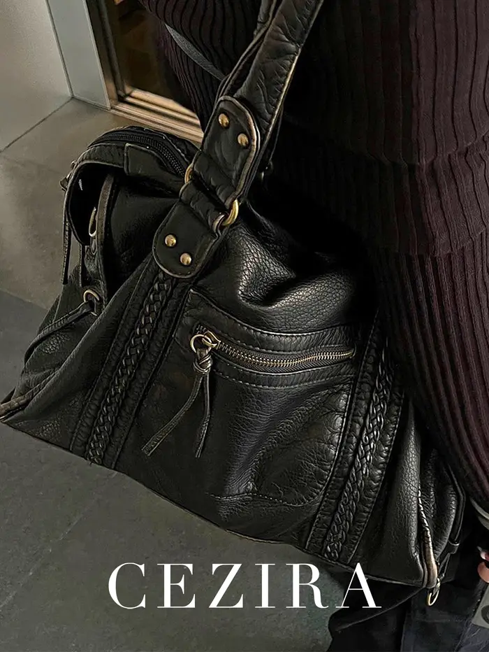Vintage lavé en cuir PU grande capacité fourre-tout poches zippées tresse décor épaule sac à bandoulière unisexe femmes voyage quotidien sac à main