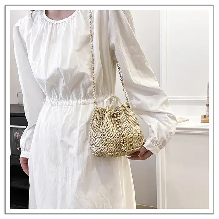 JOinitied-Sac messager beige en paille tressée pour femme