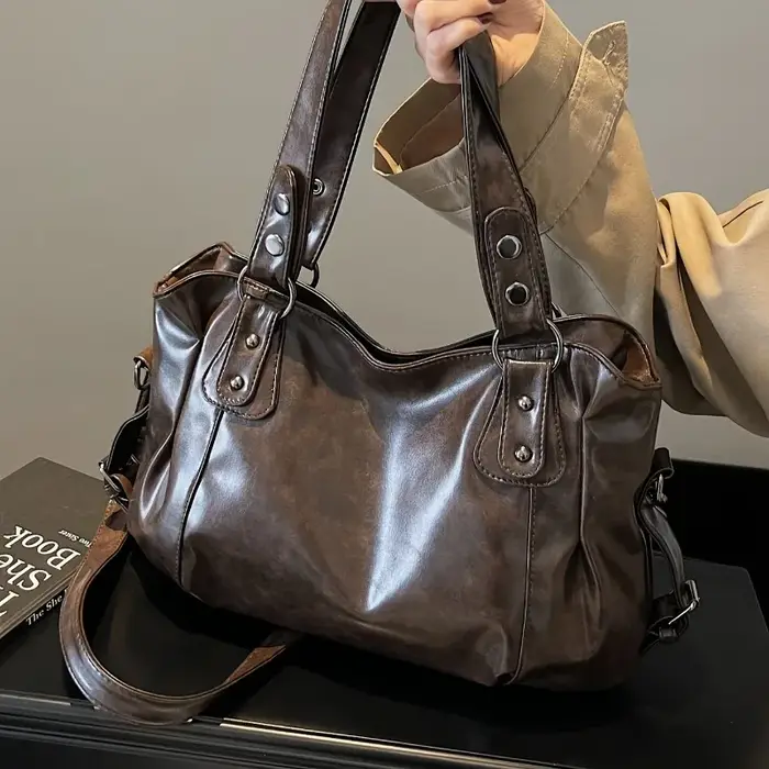Sac à main en cuir vintage de grande capacité avec fermeture à glissière