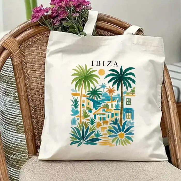 Sac fourre-tout vintage Ibiza en toile, imprimé rétro paysage de l'île d'Espagne, palmiers, plage tr