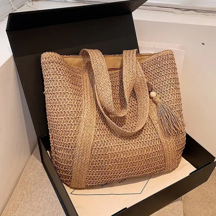 Elegant Ladies Straw Woven Handbag Women Holiday Beach Commute Casual Tote Top-Handle Bags Fashion Retro Shoulder