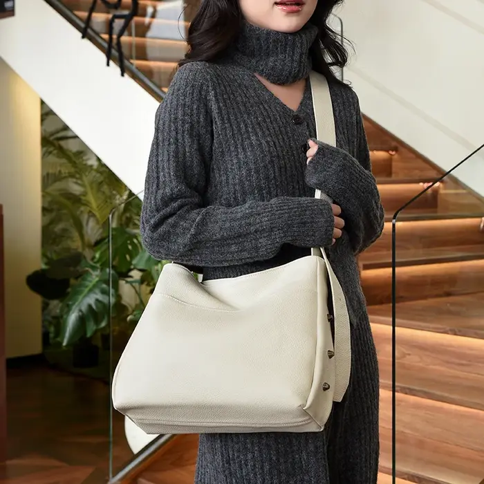 Sac à bandoulière en cuir véritable pour femme avec motif grain de litchi