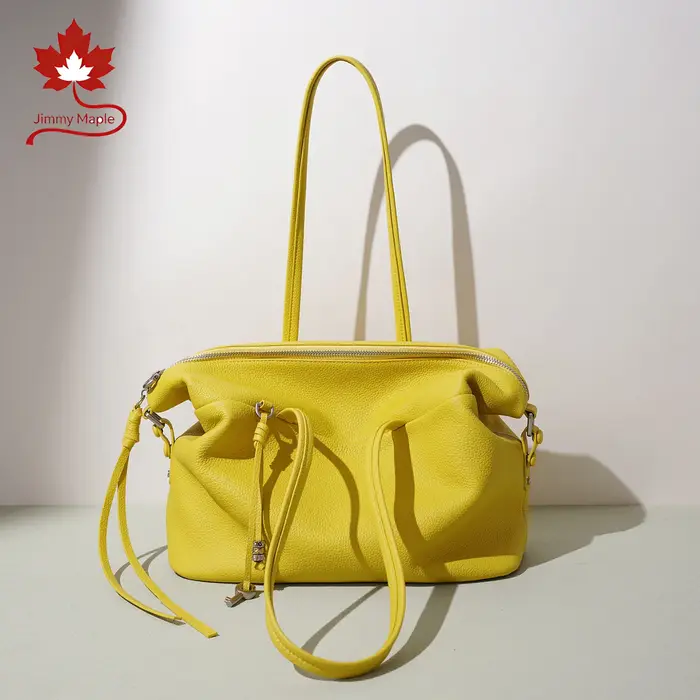 Sac fourre-tout minimaliste en cuir véritable jaune à longue poignée 2026 pour femme