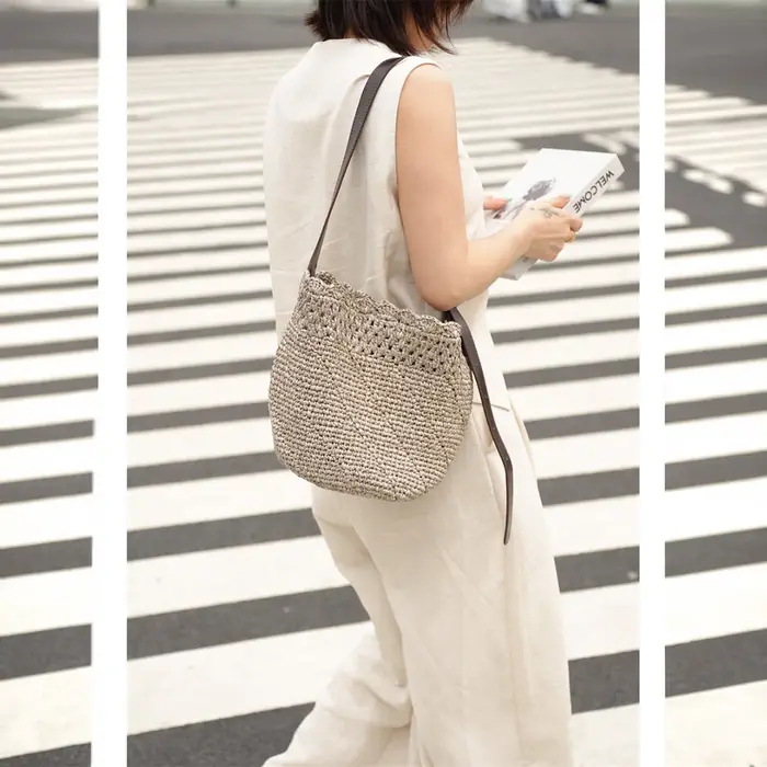 Sac Femme Raphia Paille Tissé Cuir Véritable Sangle Vache Bohème Vintage Plage Vacances Faite Main Crochet Ajouré Bord Ondulé Souple Grande Capacité Décontracté Usage Quotidien Haute Qualité Mode Styl