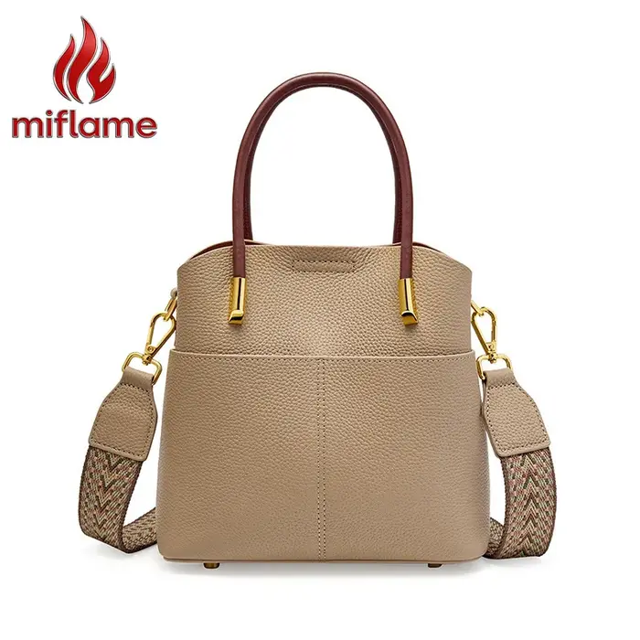 Sac seau en cuir véritable pour femme avec poignée supérieure et bandoulière amovible