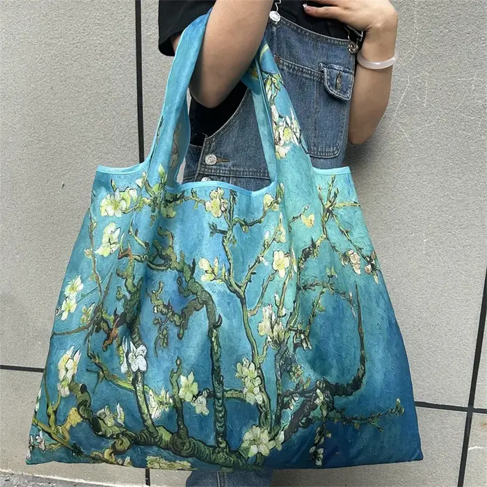 Sac de courses pliable avec peinture à l'huile de fleurs