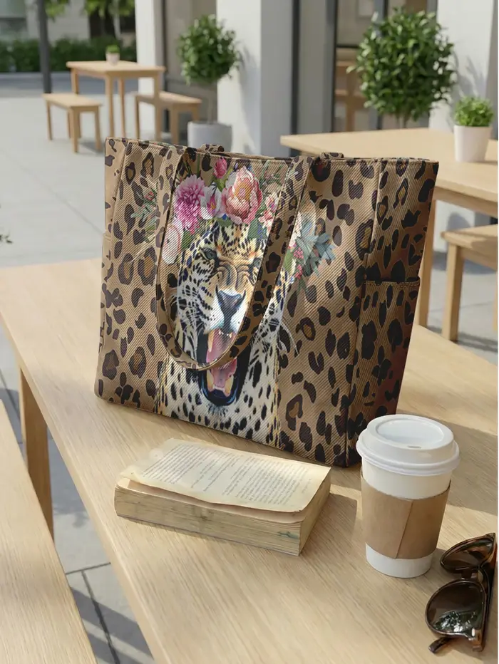 Sac à main pour femme à imprimé léopard, grande capacité, sac à bandoulière en toile, sac de shoppin