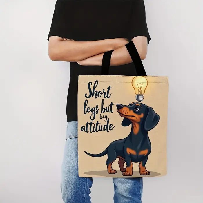 Sac fourre-tout amusant en polyester durable à grande capacité avec motif de dessin animé Teckel « Jambes courtes