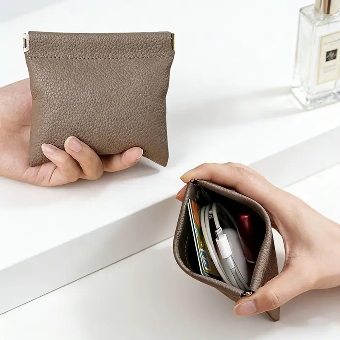 Pochette de rangement en cuir PU à fermeture à pression BUYLEMO Litchi Grain