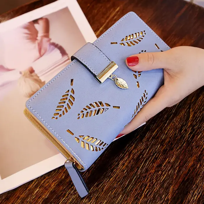 Dames mode portefeuille en cuir PU téléphone sac à main femme feuilles creuses pochette sac à main pour femmes porte-cartes de monnaie longs portefeuilles