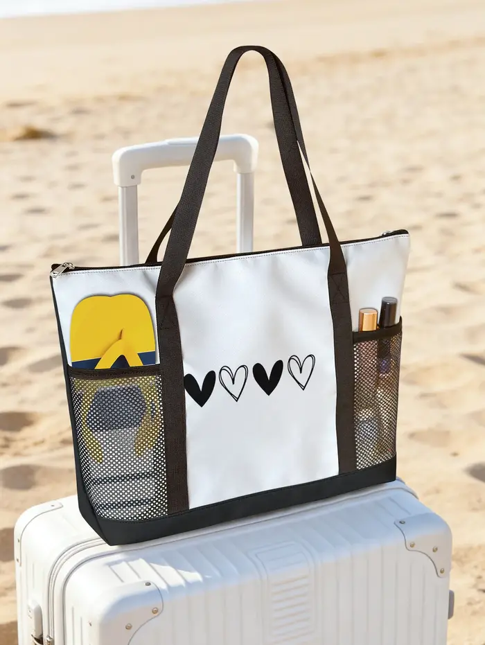 Sac de plage noir à imprimé cœurs