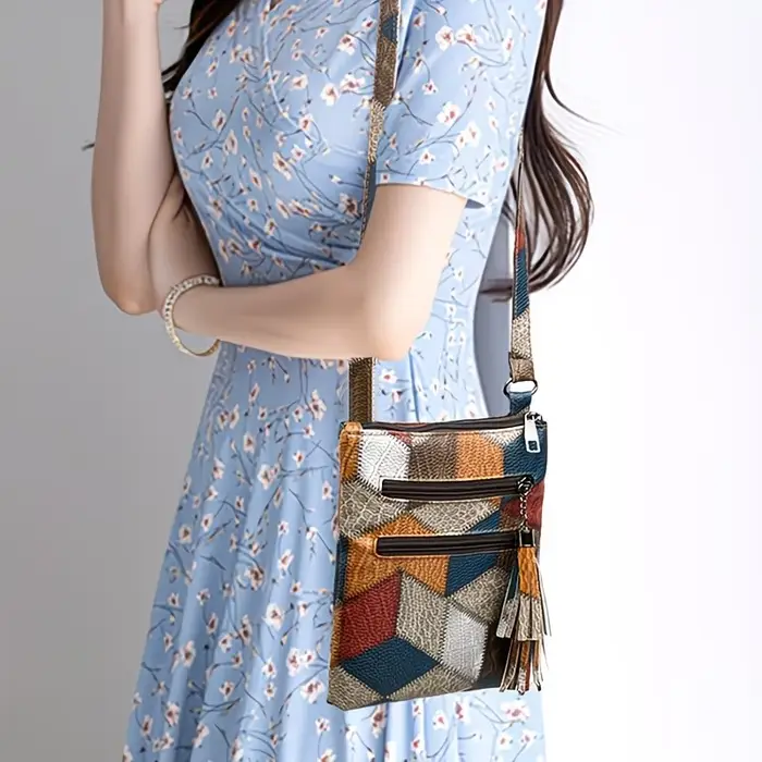 Sac bandoulière vintage en cuir véritable patchwork pour femme