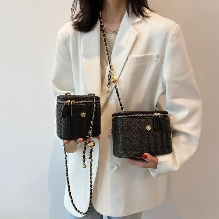 Mini sac seau en paille pour femme, sac bandoulière d'été tressé, sacs à main et pochettes de marque