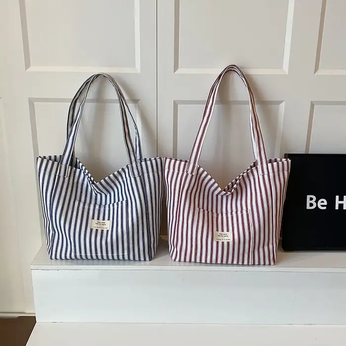 Nouveau Sac de Plage Cabas Tendance pour Femme en Toile Rayée Grande Capacité Sac à Bandoulière Sac à Main