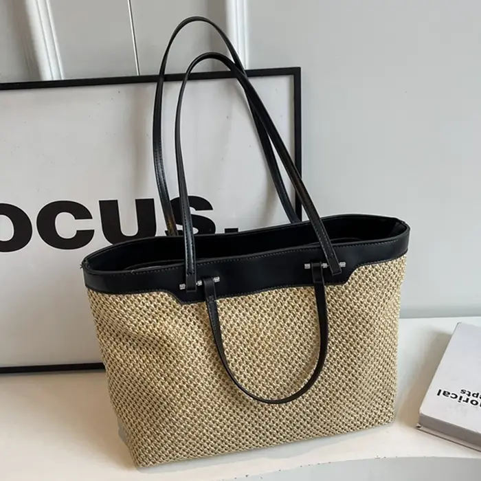 Sac de plage d'été en cuir PU pour femmes, fourre-tout initié, raphia, grand sac à provisions, rotin
