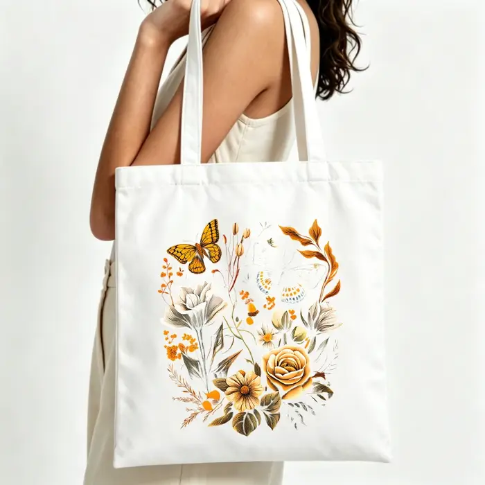 Sac fourre-tout en toile à imprimé floral et papillons, style vintage, idéal pour les courses quotid