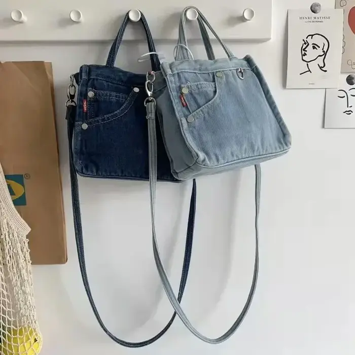 Sac à Main en Denim Délavé de Couleur Unie pour Femme