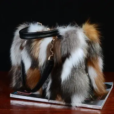 MS.Minshu-Sac à main en renard argenté naturel pour femme, sac à main de luxe, véritable fourrure de