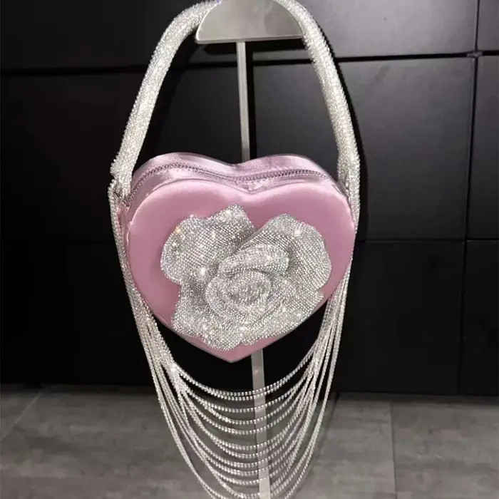 Sac à Main de Luxe à Paillettes Florales, Strass, Diamant, Pompon, en Forme de Cœur, Pochette de ixd
