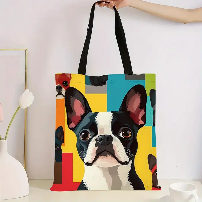 Sac fourre-tout réutilisable en polyester imprimé Boston Terrier, grand acheteur d'épicerie avec bre