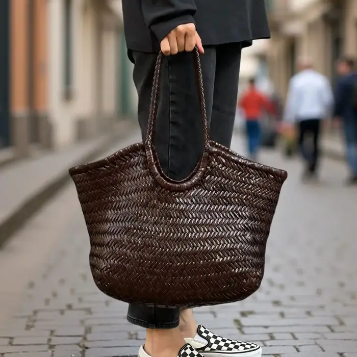 Sac fourre-tout en cuir pleine fleur tissé à la main