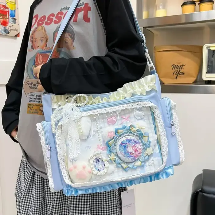 Sac fourre-tout Ita japonais Kawaii rose en dentelle à volants avec plaque de base et fenêtre transparente