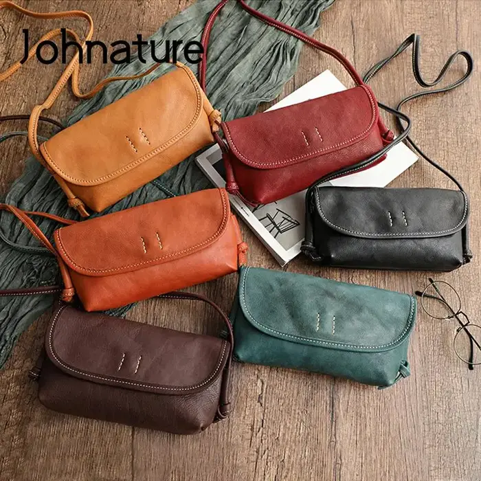 Sac à main pour femme en cuir de vache souple rétro fait à la main par Johnature, nouveau modèle 202