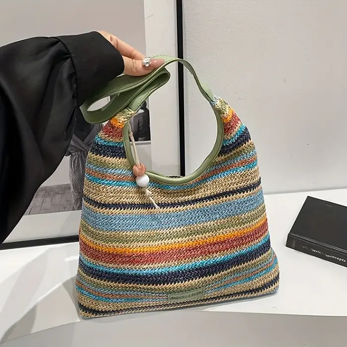 Sac à main bohème multicolore à rayures avec décoration en pompon